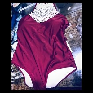 Crochet-Trim One-Piece Swimsuit in Burgundy - Women Swim